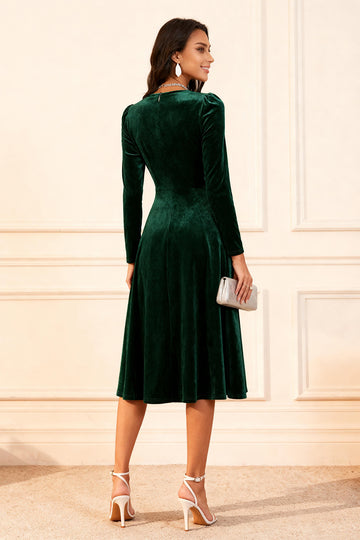 Dark Green A Line Velvet Long Sleeve Holiday Party Dress